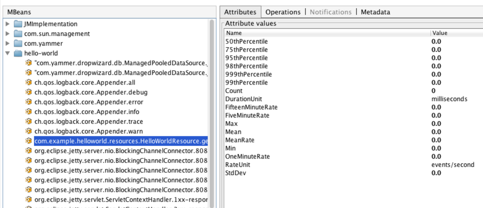 Metrics exposed as JMX MBeans being viewed in VisualVM's MBeans browser